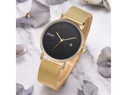 Relógio de pulso de quartzo com pulseira de liga metálica para homens e mulheres, estilo casual e profissional, dourado e preto.
