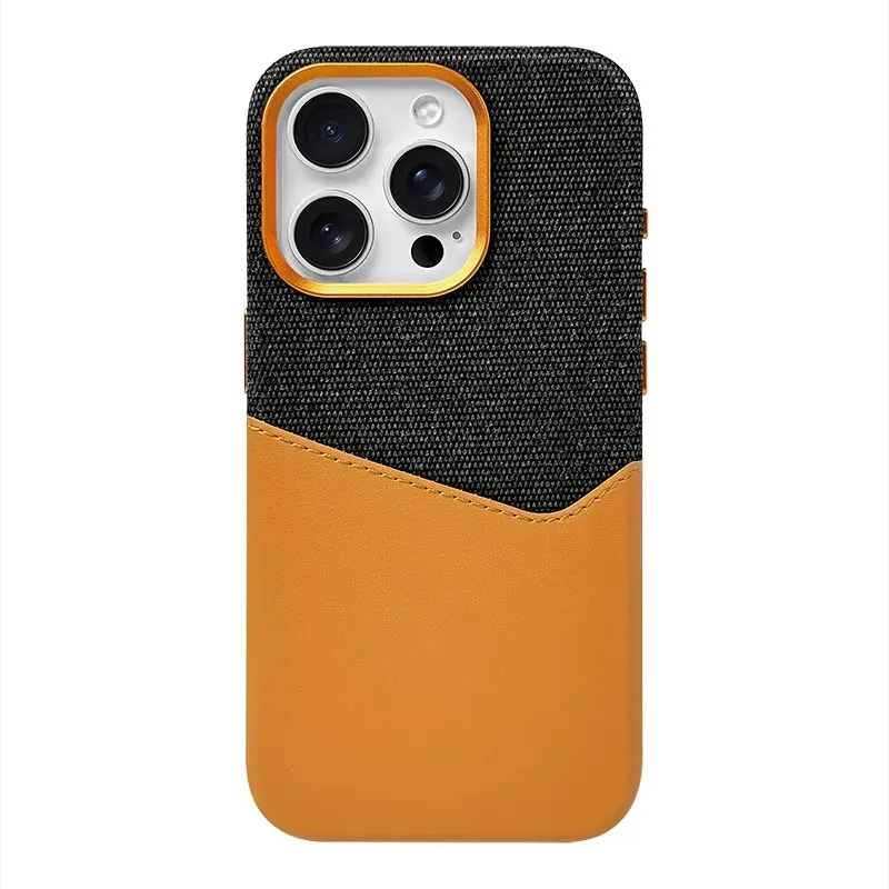 Capa Para Iphone 16 Pro Max Em Couro De Linho (preto/marrom), Carregamento Sem Fio, Resistente A Impactos.