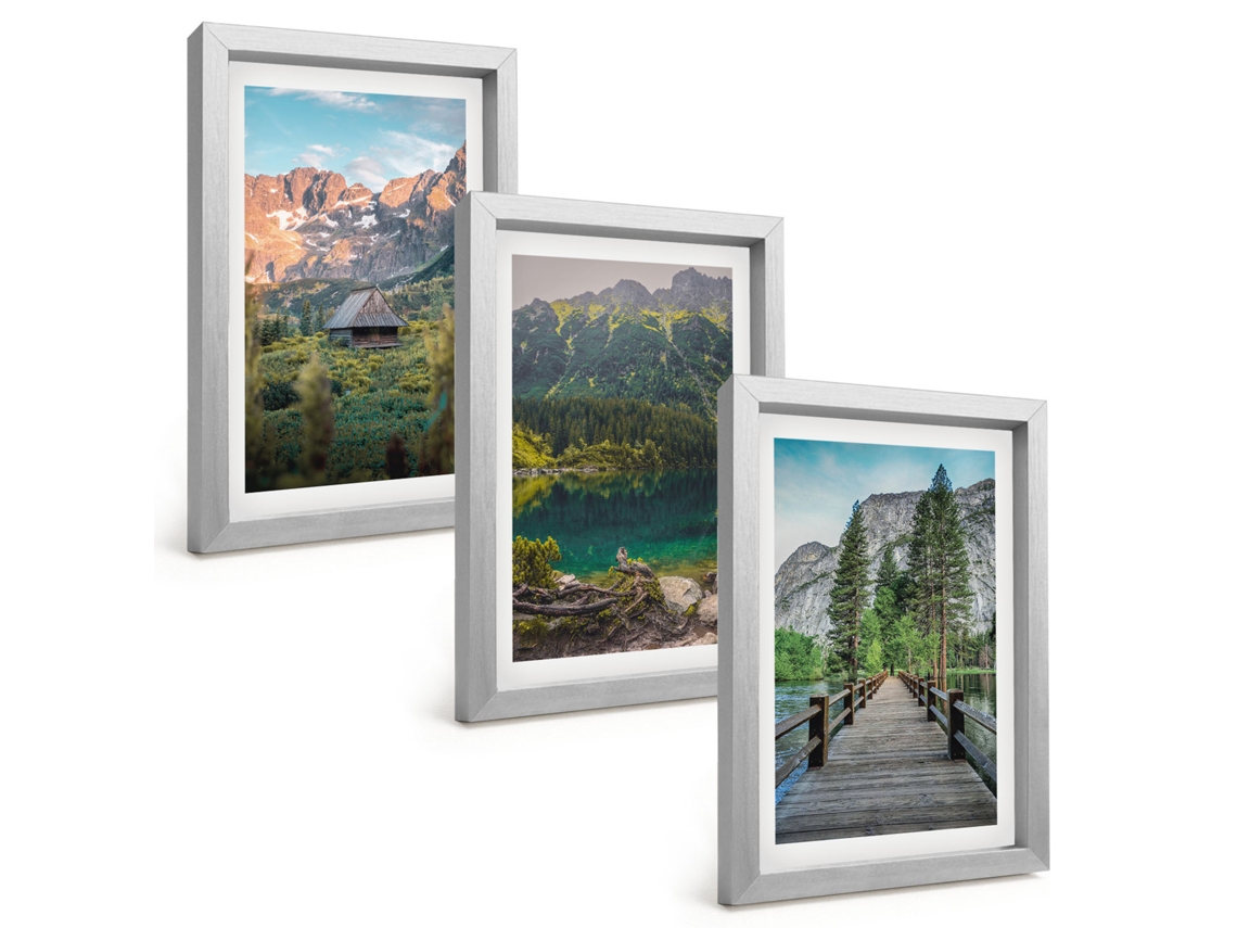 Conjunto De Pinturaspaisagem De Montanha, Lago, Píer Moldura Prateada Quadros Para A Sala De Estar Espelharte (3 Peças 20x30 Cm)