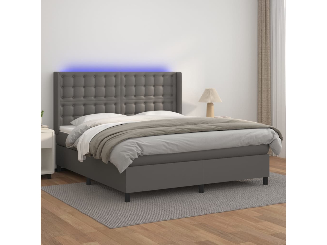 Vidaxl Cama Box Spring C/ Colchão/led 160x200cm Couro Artificial Cinza