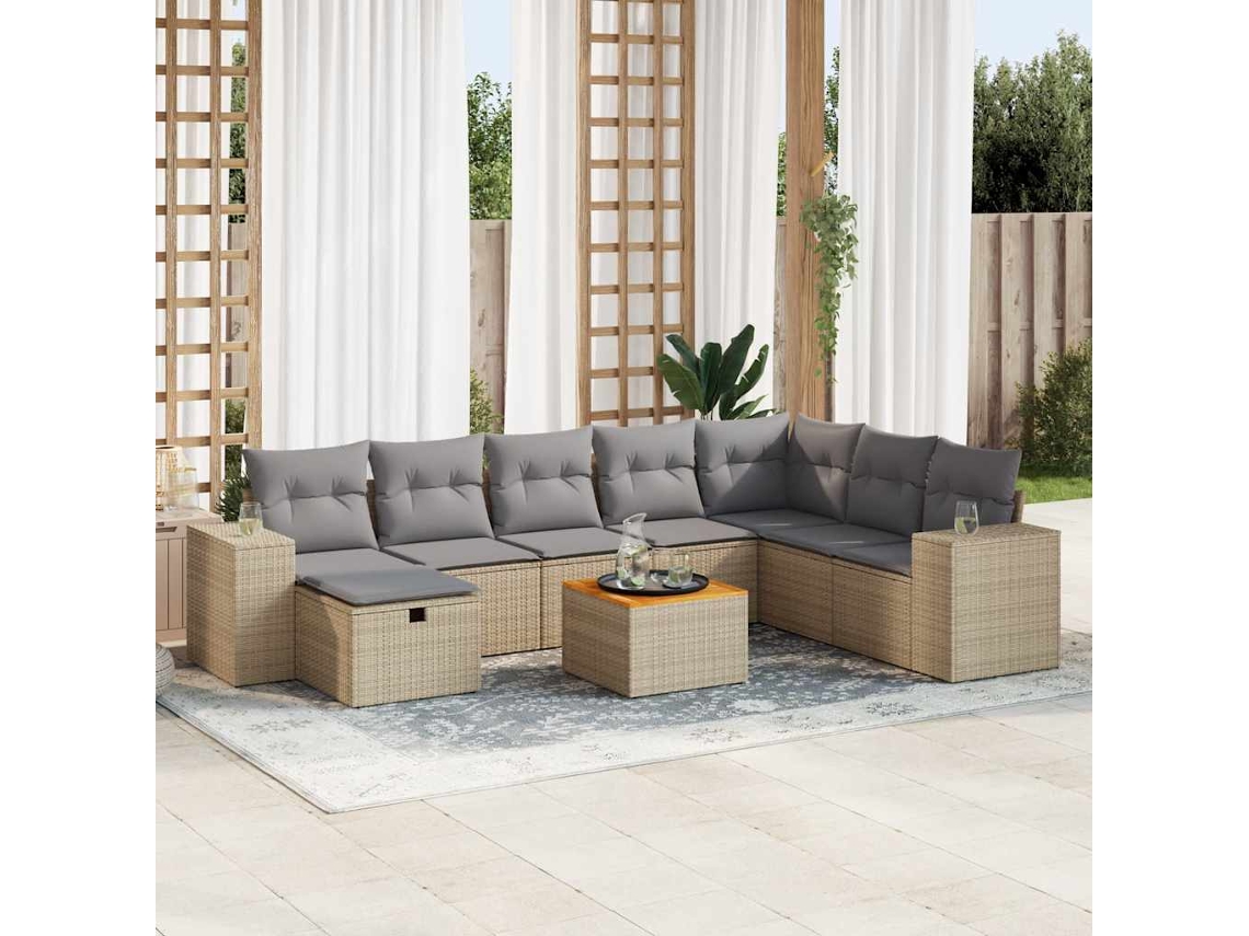Vidaxl 9 Pcs Conjunto De Sofás P/ Jardim Com Almofadões Vime Pe Bege