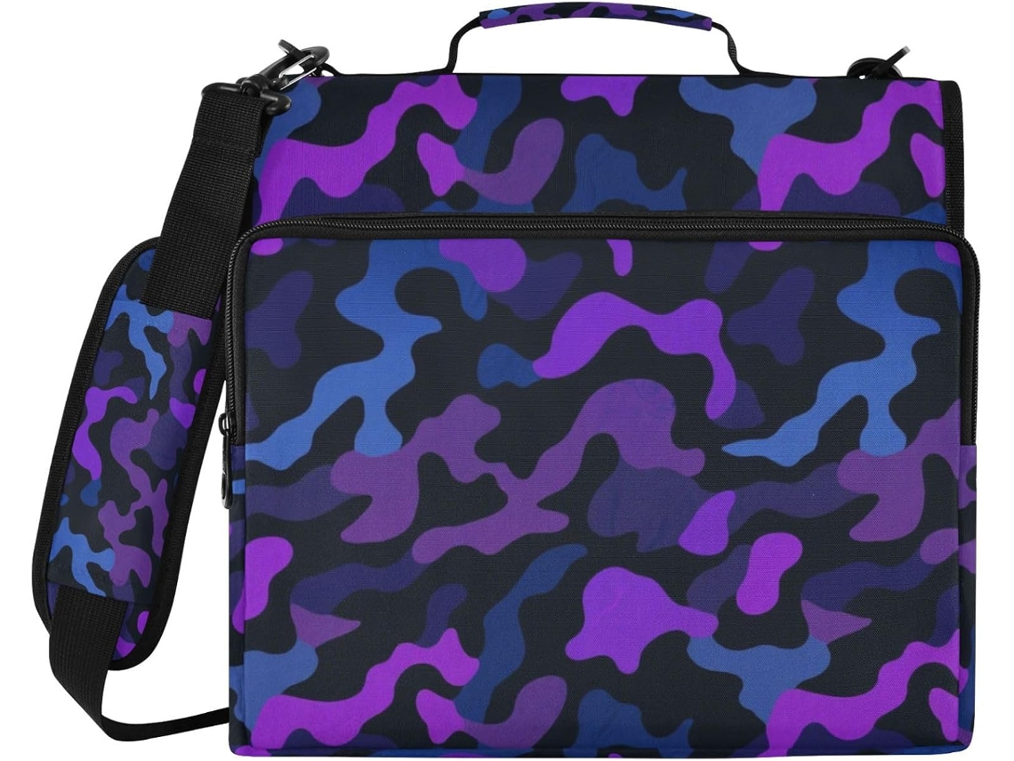 Pasta Organizadora Camuflada Em Roxo, Preto E Azul, Com Argolas De 7, 6x 3, 8cm E Alça, Inclui Bolso Com Zíper E Bolsa