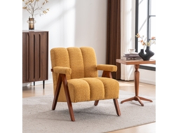 Poltrona Bouclé Com Estrutura De Madeira, Braços Laterais Para Sala Ou Quarto, Na Cor Amarela.