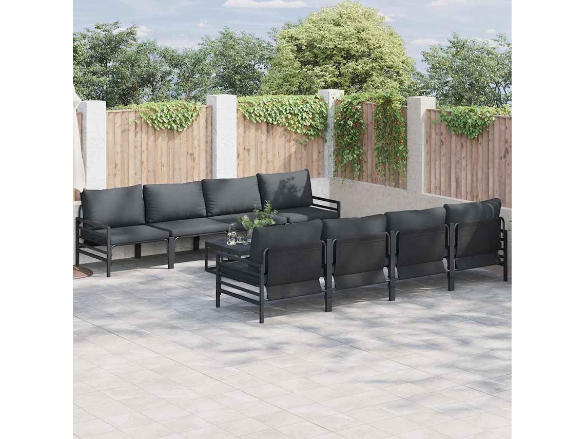 Vidaxl Conjunto De Sofá De Jardim Com Almofada 9 Pcs Preto Aço