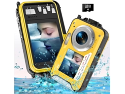 Câmara Subaquática 4K com Cartão de 32Gb Bateria de 1250Mah 56Mp Autofoco À Prova de Água 11Ft Câmara Subaquática de Ecrã Duplo para Selfies IKIKSO