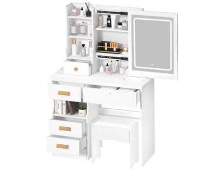 Penteadeira Com Espelho 80×36×125 Cm Com Banqueta Com Iluminação Led Com Luminosidade Regulável Com 5 Gavetas Branco Biplut