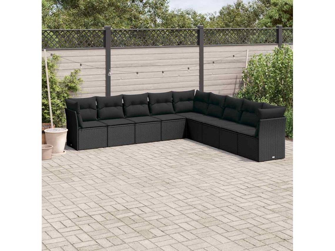 Vidaxl 9 Pcs Conjunto De Sofás P/ Jardim C/ Almofadões Vime Pe Preto
