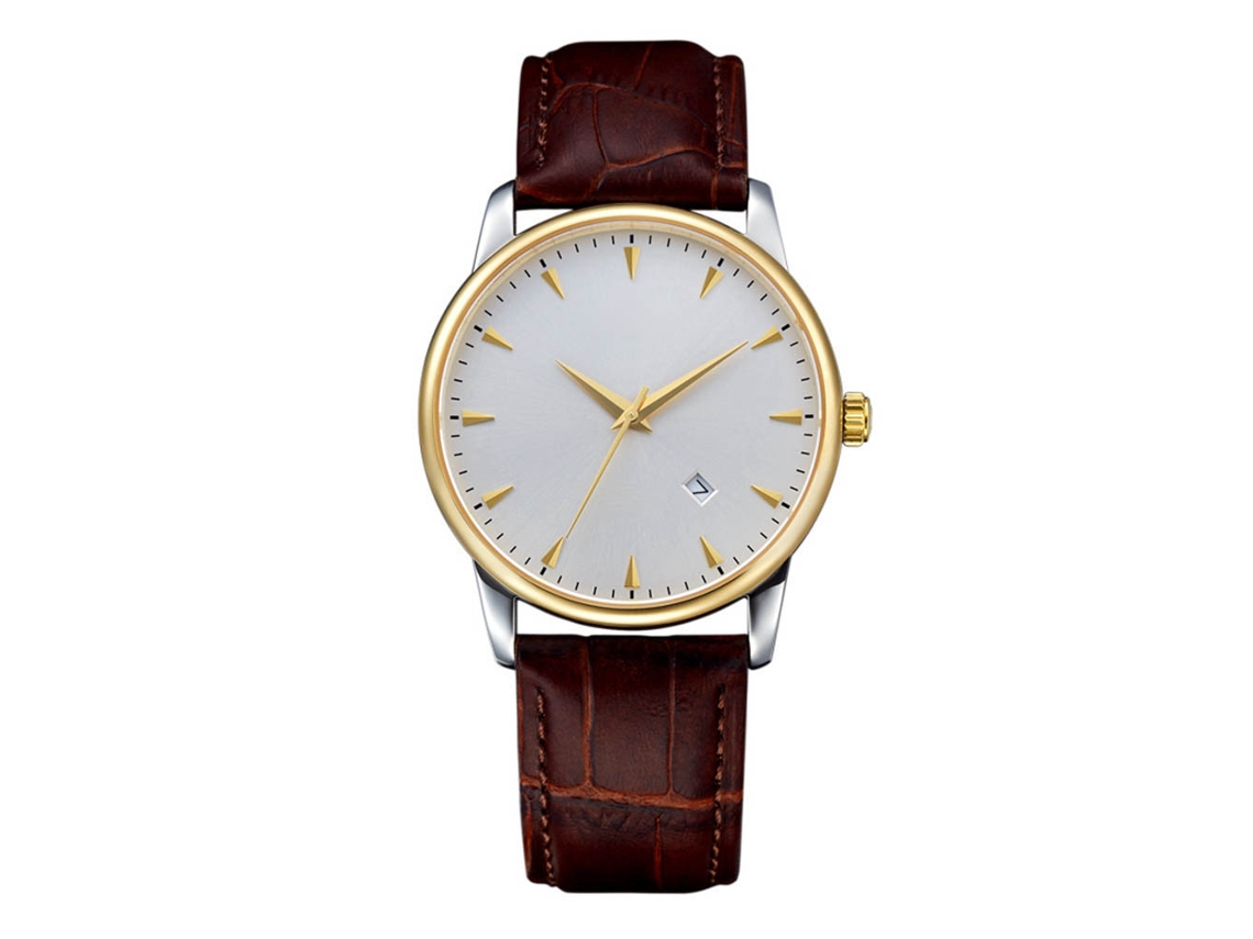 Relógio de Pulso Masculino de Quartzo Importado À Prova D'água Ouro Branco com Pulseira Marrom