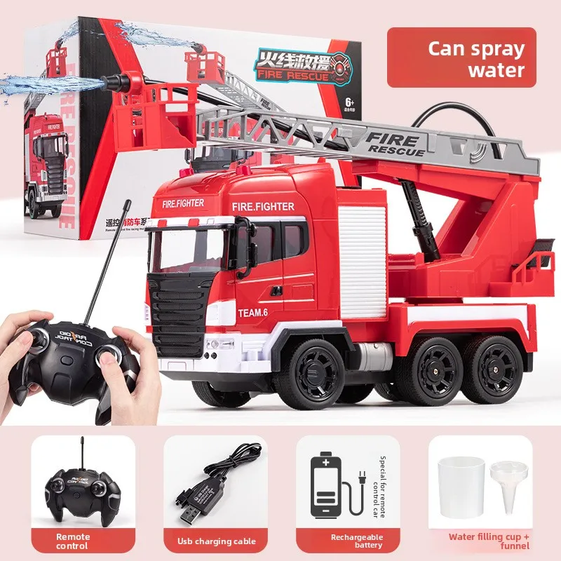 Caminhão De Bombeiros De Brinquedo Com Controle Remoto, Que Esguicha Água, Possui Efeitos Sonoros Em Led E Carregamento Usb.
