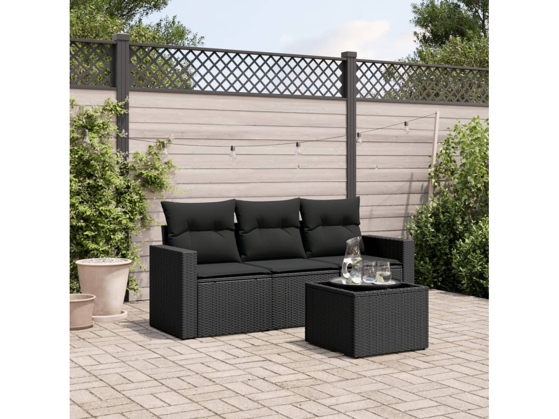 Vidaxl 4 Pcs Conjunto De Sofás Para Jardim C/ Almofadões Vime Pe Preto