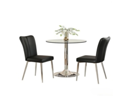 Conjunto De Mesa De Jantar 85 Cm - Vidro De Segurança, 2 Cadeiras Pu - Preto Prata