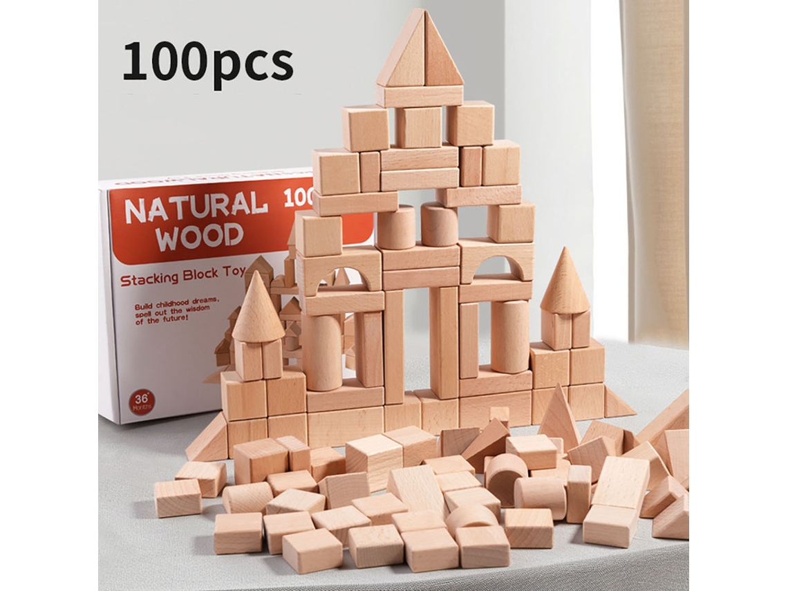 Conjunto com 100 Blocos de Madeira Natural em 14 Formatos Variados, Ideal para Empilhar e Montar, Presente para Criança e Escola.