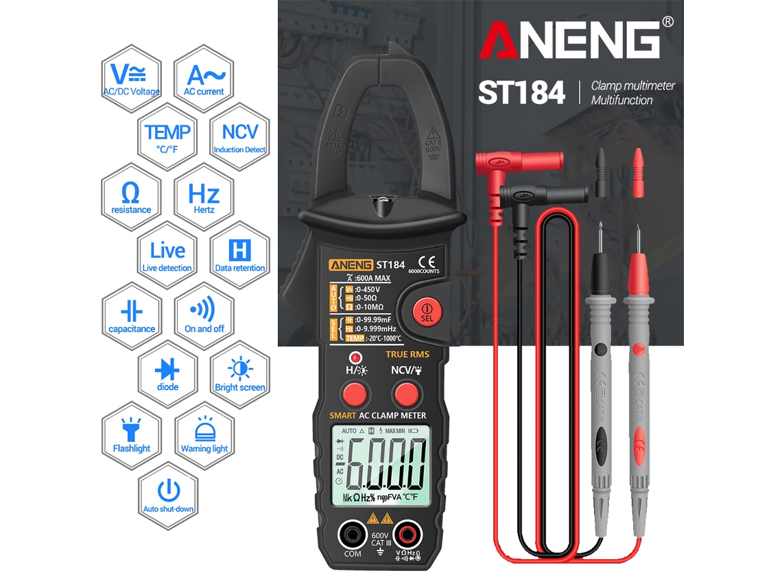 Aneng Pinça Amperimétrica True Rms Multímetro com Detector de Tensão Ncv e Teste de Temperatura | S/MARCA