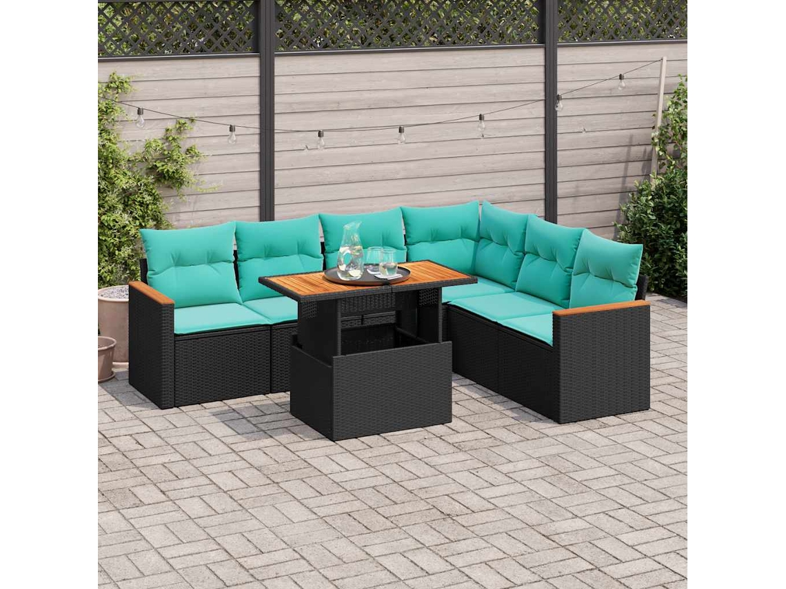 Vidaxl 7 Pcs Conjunto De Sofás P/ Jardim C/ Almofadões Vime Pe Preto