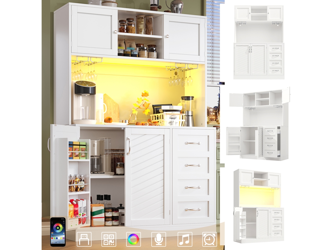 Armário Lateral 120x40x188cm Verde/preto/branco Com Led, Prateleira Para Lanches, Porta-bebidas, 4 Portas E 2 Gavetas
