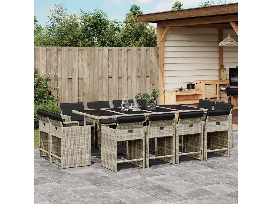 Vidaxl 13 Pcs Conj. Jantar Jardim C/ Almofadões Vime Pe Cinzento-claro