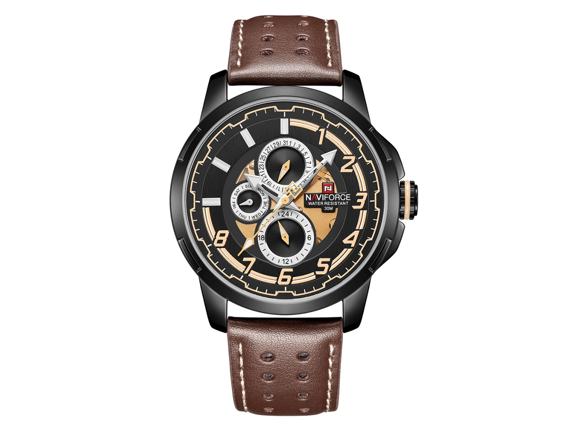Relógio de quartzo masculino Naviforce com pulseira de PU, elegante para negócios e ocasiões casuais.