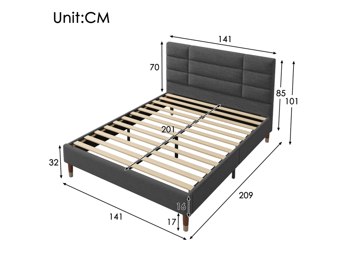 Cama De Casal Estofada De 140x200 Cm Com Estrado De Ripas E Cabeceira, Tecido De Linho Cinza Escuro, Para Adultos E Adolescentes, Colchão Incluído.