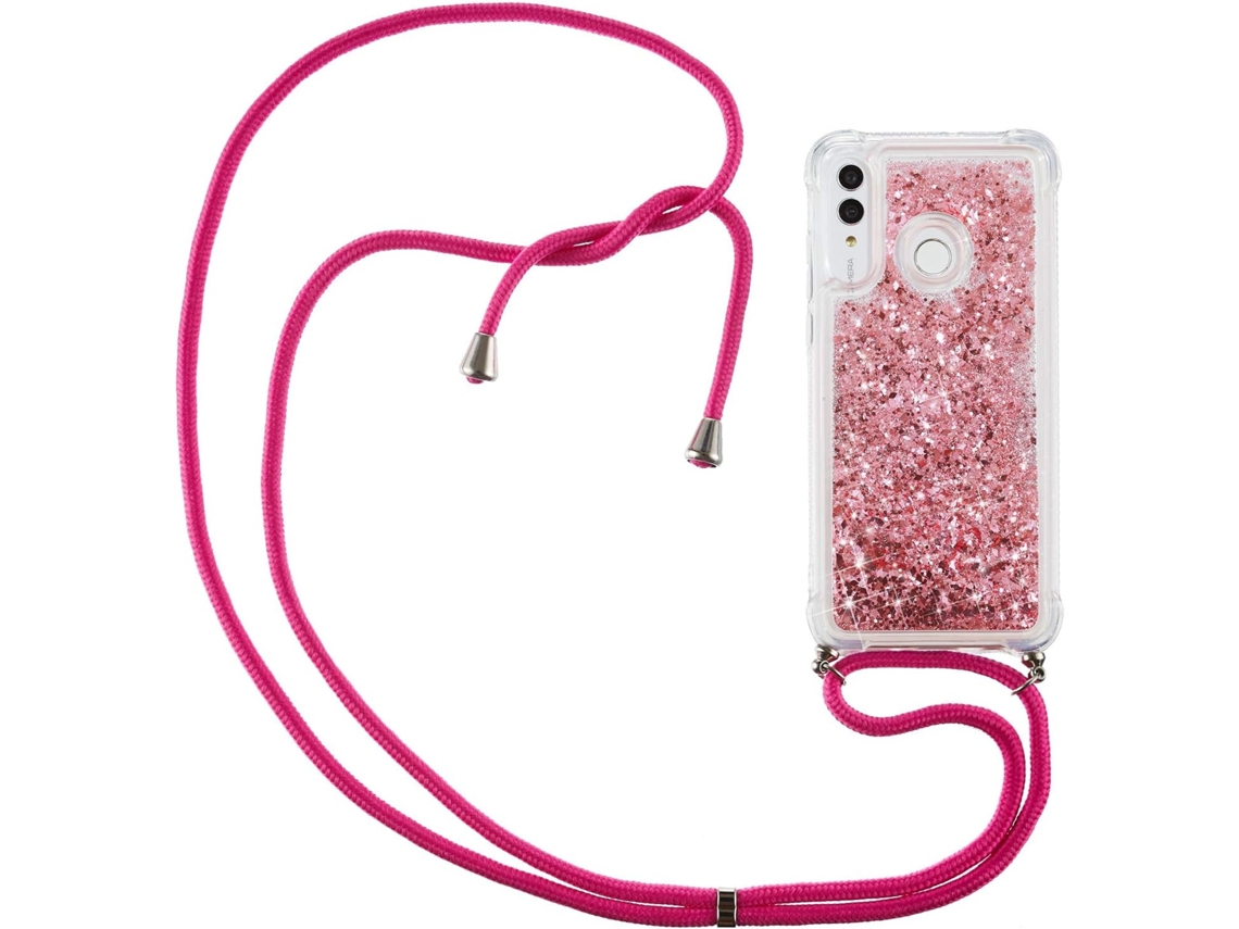 Capa com Cordão Brilho para Huawei Huawei P Smart 2019 HONGWE. Textura Macia Anti-Choque Rosa