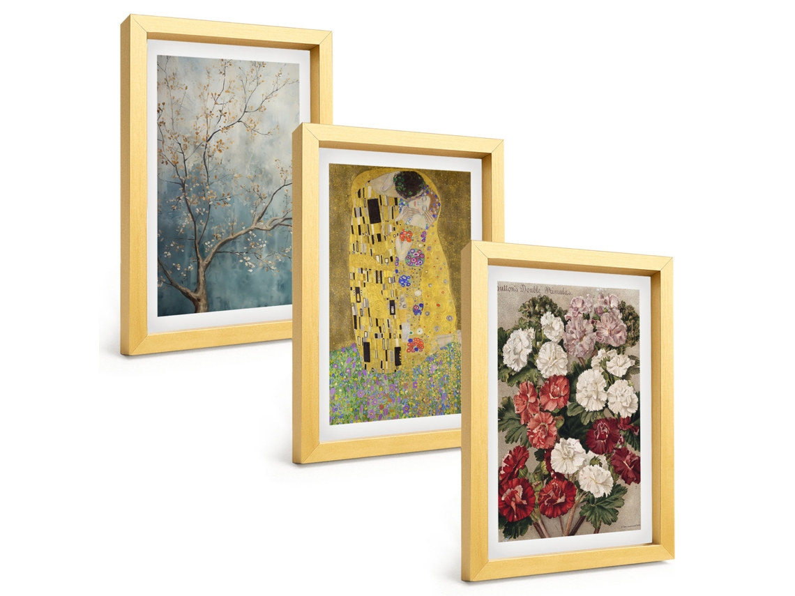 Quadros Decorativos Para Paredeflores, Árvores, Pintura, Klimt Moldura Dourada Quadros Para O Escritório Espelharte (3 Peças 20x30 Cm)