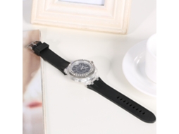 Relógio de pulso de quartzo em silicone com strass e cristal analógico redondo para mulheres e homens, preto.
