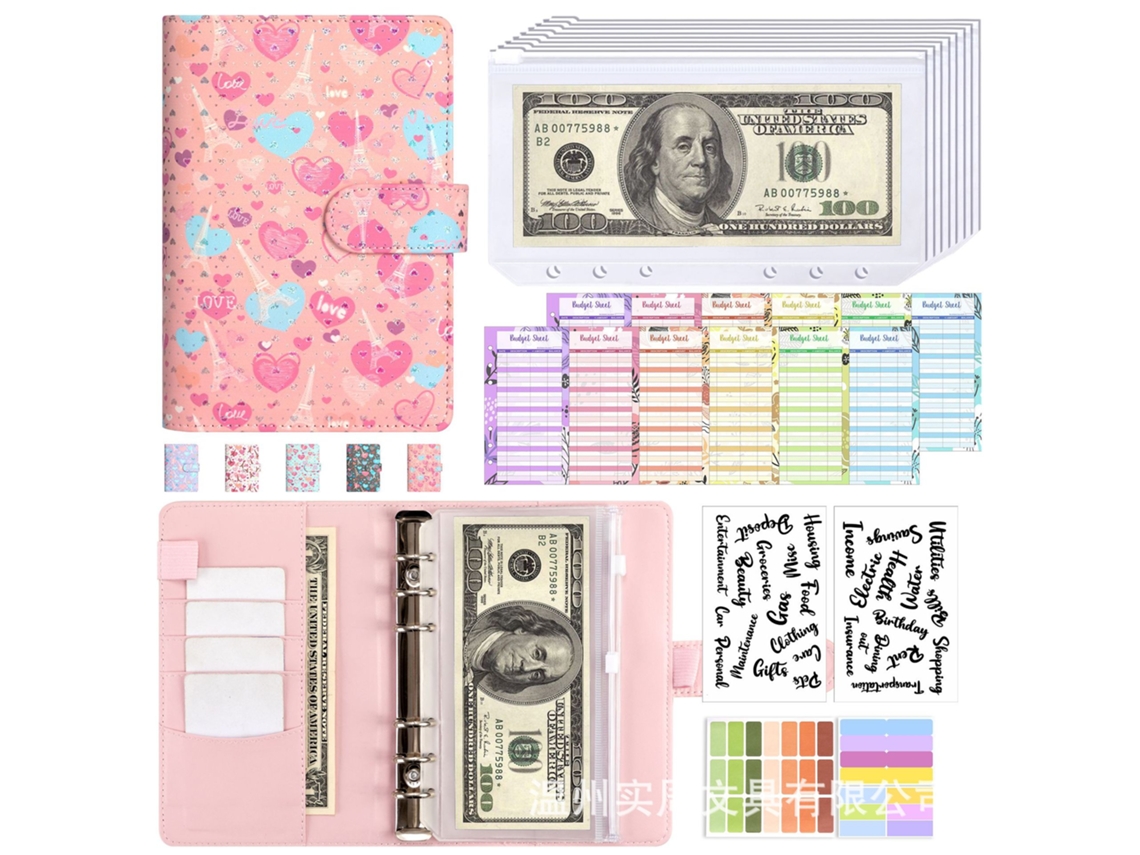 A6 Heart Tower Korean Macaron Pu Loose Leaf Notebook Pink Cover With 8zip Pouches, A6 Cash Budget Cards 12-sheets