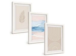 Composição De Quadros Folhas, Ondas, Bege E Azul Espelharte (3 Peças 20x30 Cm)