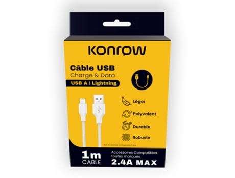 Kcatlnw1 Câble Usb Lightning Vers Type A Emballage Original Konrow (1m, Nylon, Blanc)