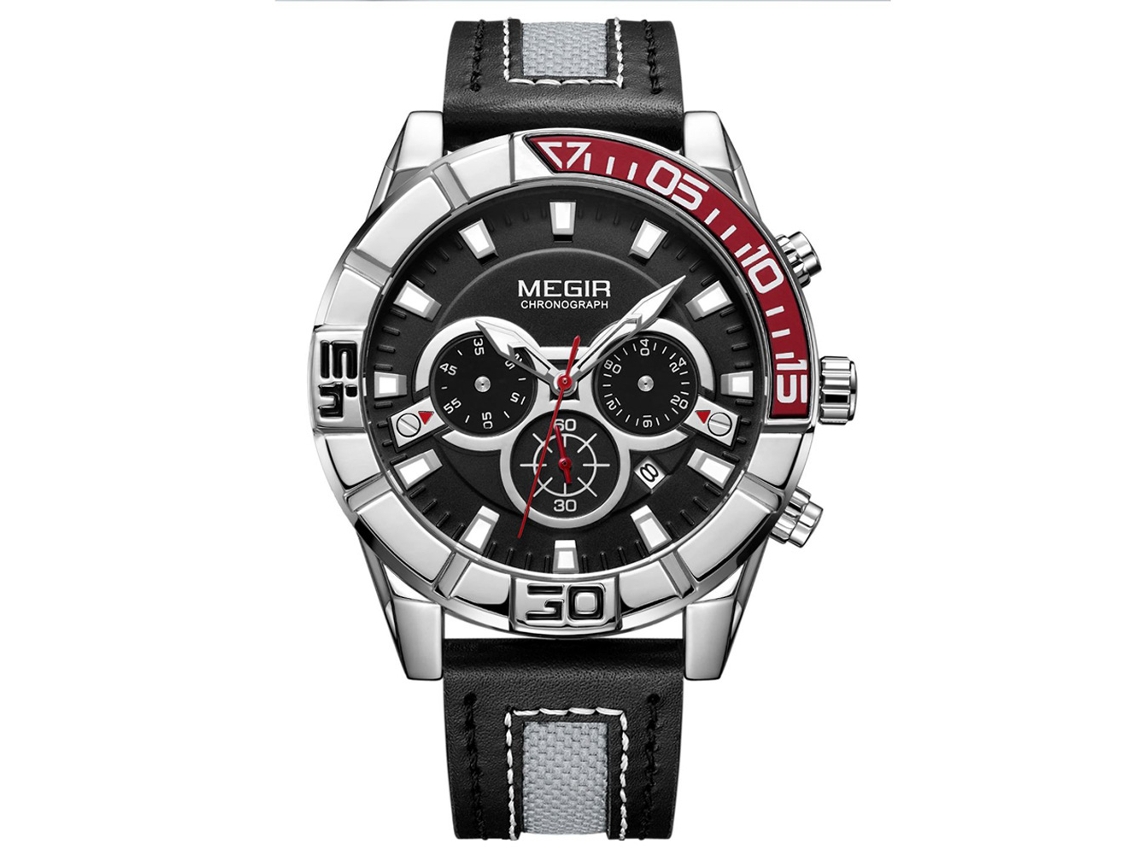 Relógio masculino Megir, modelo simples, com mecanismo de quartzo, mostrador preto e pulseira de couro sintético.
