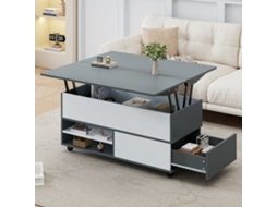 Mesa Centro 100x98x65cm, Altura Ajustável, Gaveta E Bandeja Oculta, Rodízios, Tampo Cinza/branco, Multifuncional, Amplo Espaço.