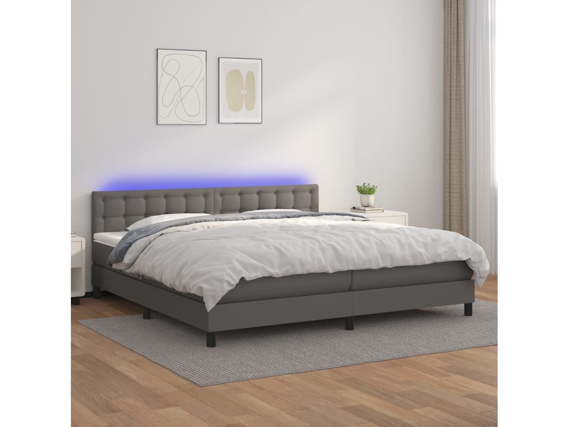 Cama Box Spring C/ Colchão/led 200x200cm Couro Artificial Cinza