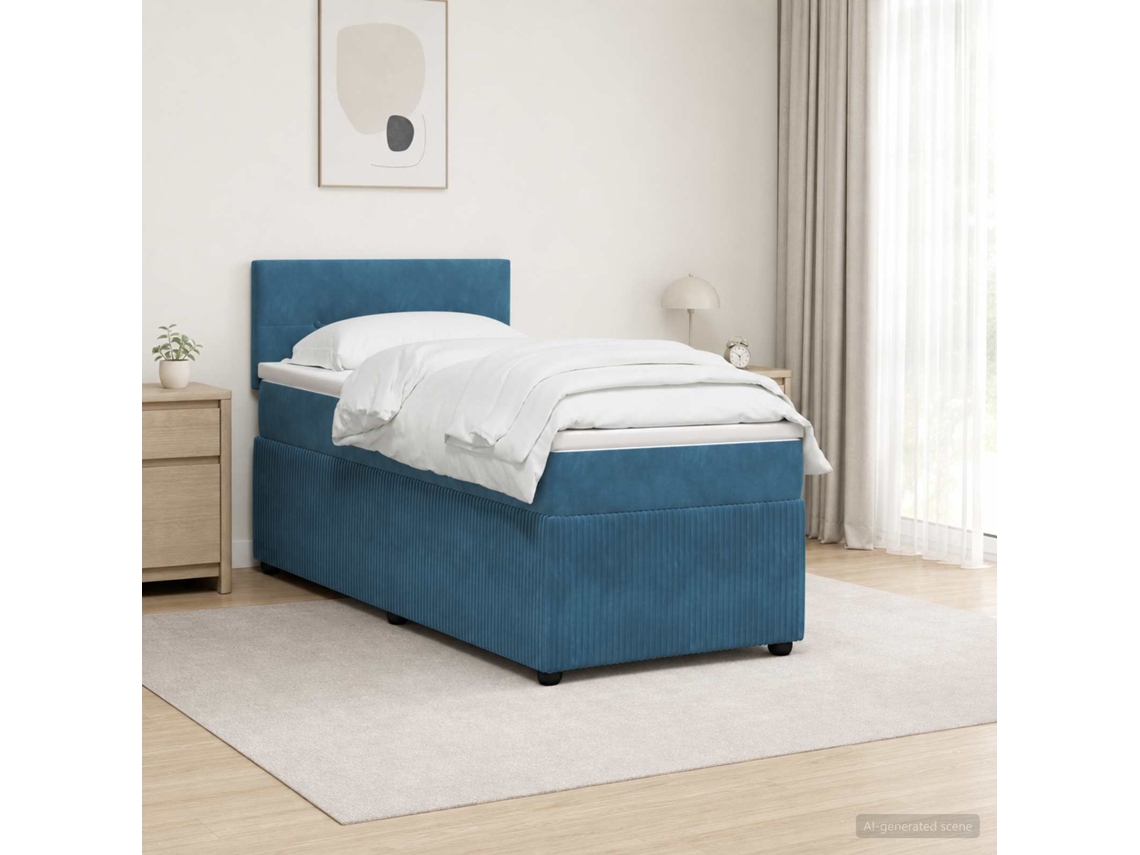 Vidaxl Cama Box Spring Com Colchão Azul 90 X 200 Cm Veludo