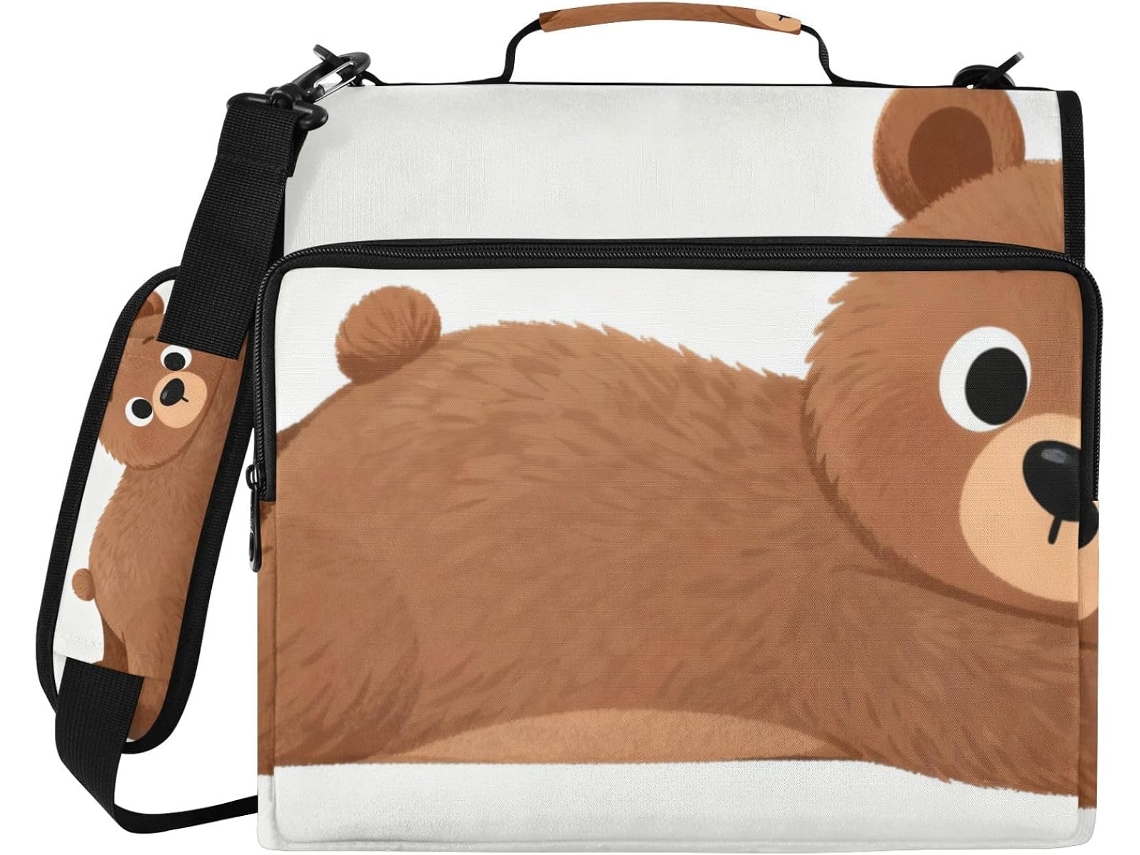 Pasta organizadora com 3 argolas, para armazenamento e diversos bolsos, estampa animada de urso, marrom, 3,8 cm (1,5 polegadas)