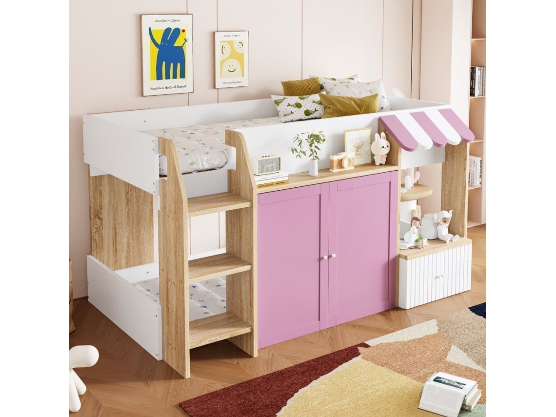 Cama Infantil 90x200 - Com Espaço De Arrumação, Escada, Cama Alta Em Madeira Maciça - Branco+rosa+cor Da Madeira