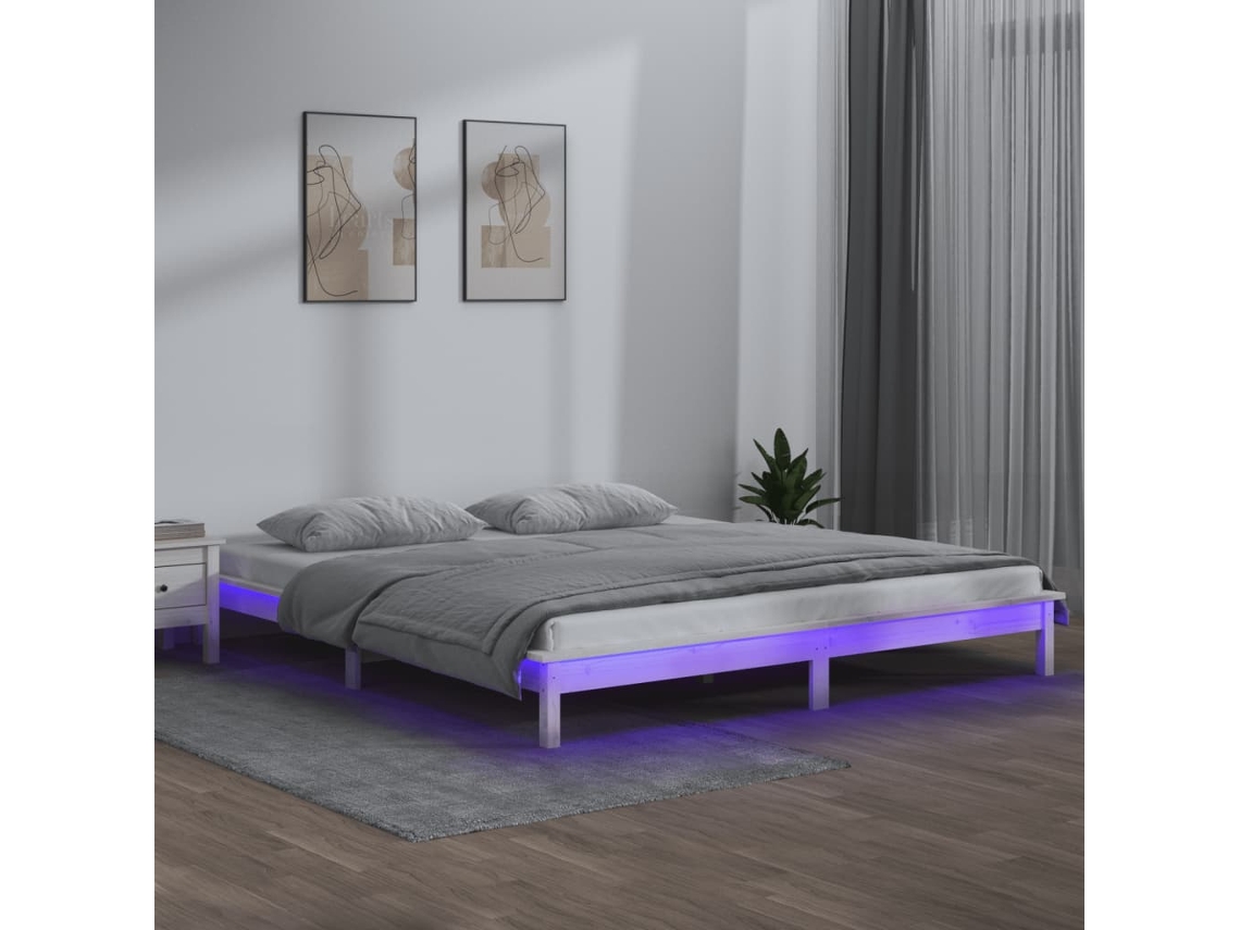 Vidaxl Estrutura De Cama Com Luzes Leds 140x200 Madeira Maciça Branco