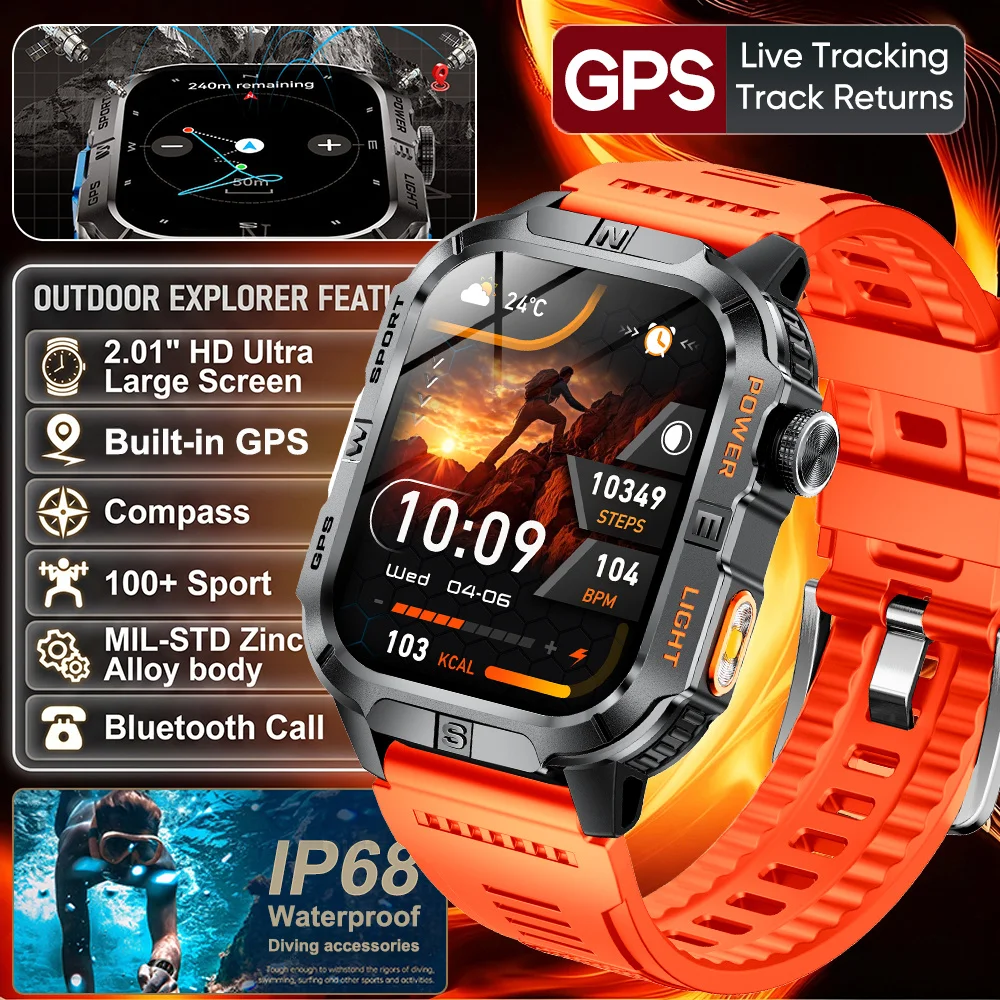 (pulseira De Silicone Laranja) Relógio Inteligente Com Gps, Tela Hd De 2,01 Polegadas, À Prova D'água Ip68, Lanterna Led E Bússola.