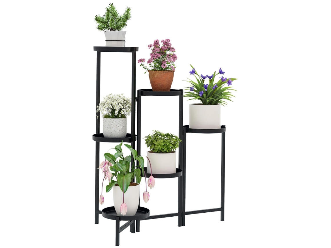 Suporte para Plantas BAGOLY de 6 Níveis Prateleira de Metal Ajustável e Dobrável 60 x 40 x 80 cm Preto
