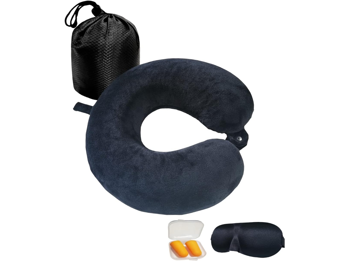 Travesseiro de viagem, travesseiro de espuma viscoelástica para o pescoço, travesseiro de suporte para o pescoço, máscara de dormir/tampão auricular/bolsa