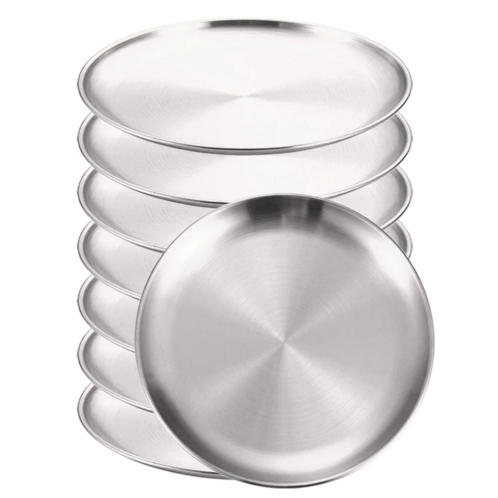 Bandejas Redondas Rasas em Aço Inoxidável, Resistentes À Ferrugem, Adequadas para Camping, Churrascos, Etc. MDUG (8 Peças, Prata, 14 Cm)