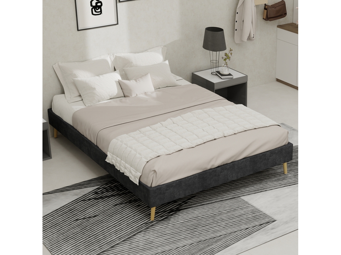 Cama Casal Cinza 140x200cm, Veludo Holandês, Caixa Baixa (s/ Elevador/cabeceira/colchão) - Réplica 4. -op