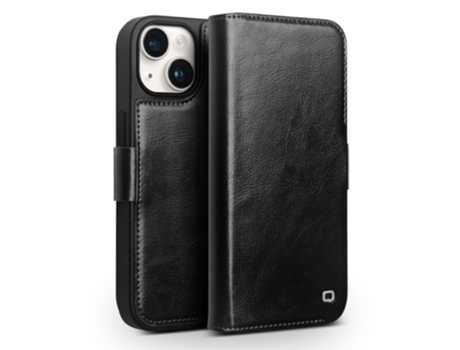 Capa Genuíno Para Iphone 15 Plus Qialino Pele Anti-choque Magnética Preto