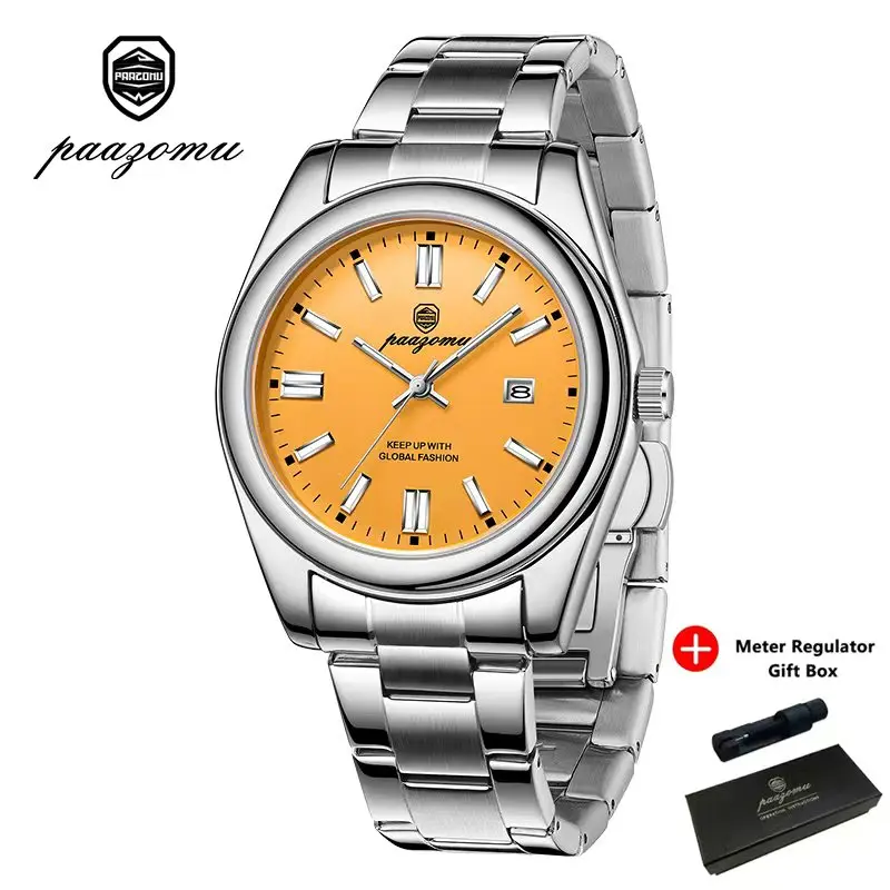 Relógio Casual E Elegante (amarelo Prateado), Com Data E Dia Da Semana, Movimento De Quartzo.
