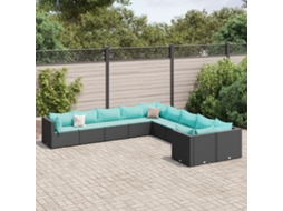 10 Pcs Conjunto Sofás De Jardim C/ Almofadões Vime Pe Preto Dkd Home Decor