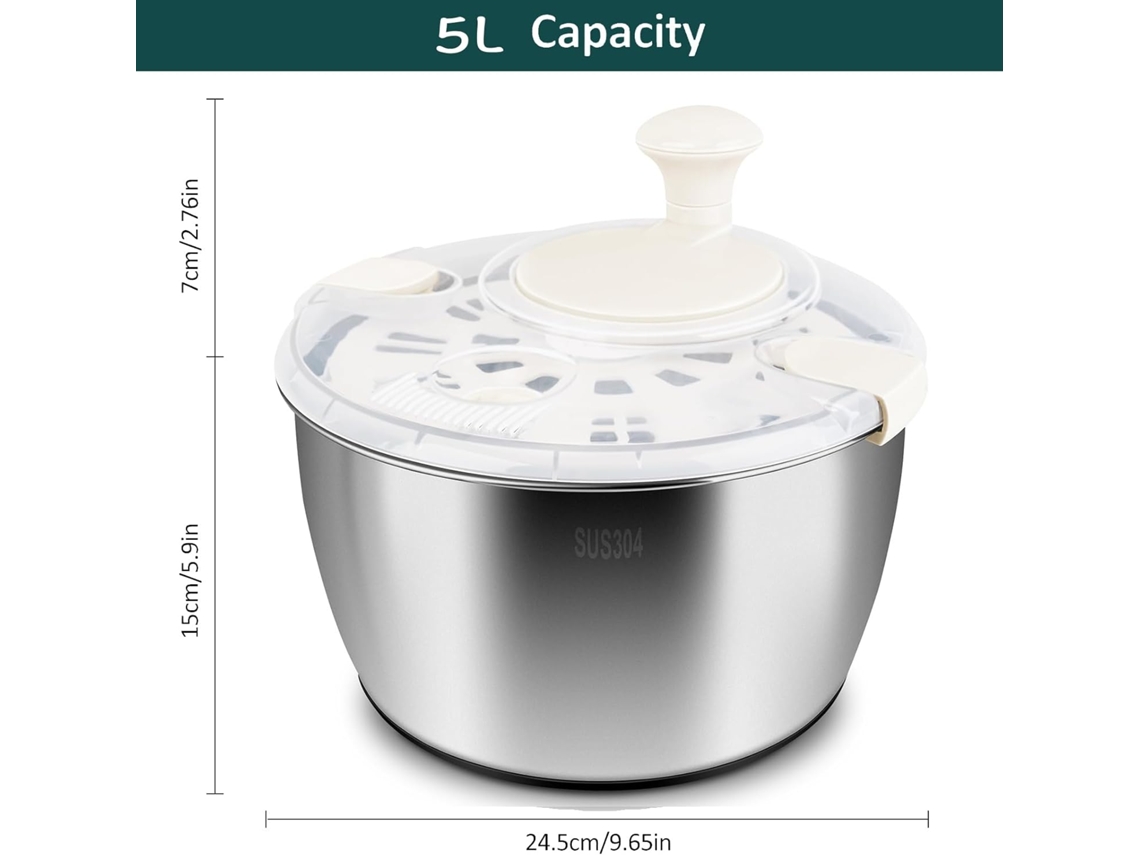 Centrifugadora de saladas em aço inoxidável, grande capacidade de 5 litros, Beijiyi