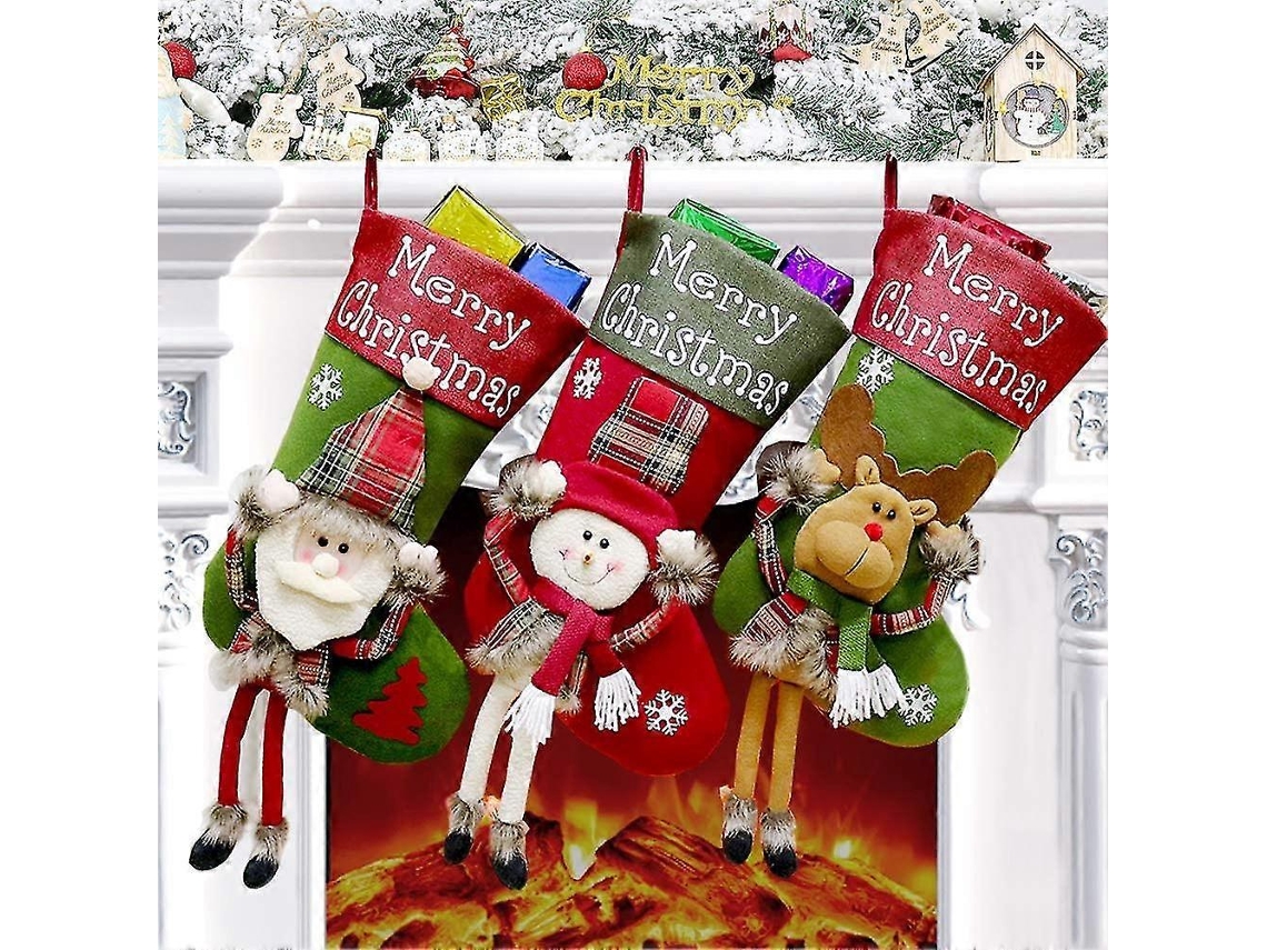 Meia De Natal, 3 Sacos De Presente, Meias De Natal Grandes Com Papai Noel, Boneco De Neve E Rena, Para Pendurar Como Decoração. Loja Olysi