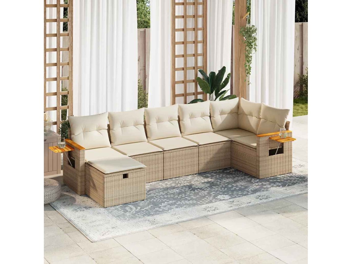 Vidaxl 7 Pcs Conjunto De Sofás P/ Jardim Com Almofadões Vime Pe Bege