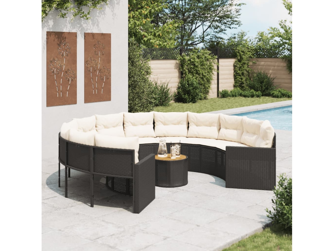 Vidaxl Sofá De Jardim Com Mesa E Almofadões Redondo Vime Pe Preto