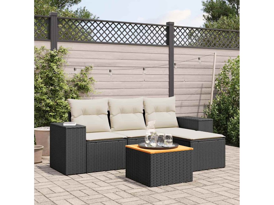 Vidaxl 5 Pcs Conjunto Sofás De Jardim Com Almofadões Vime Pe Preto