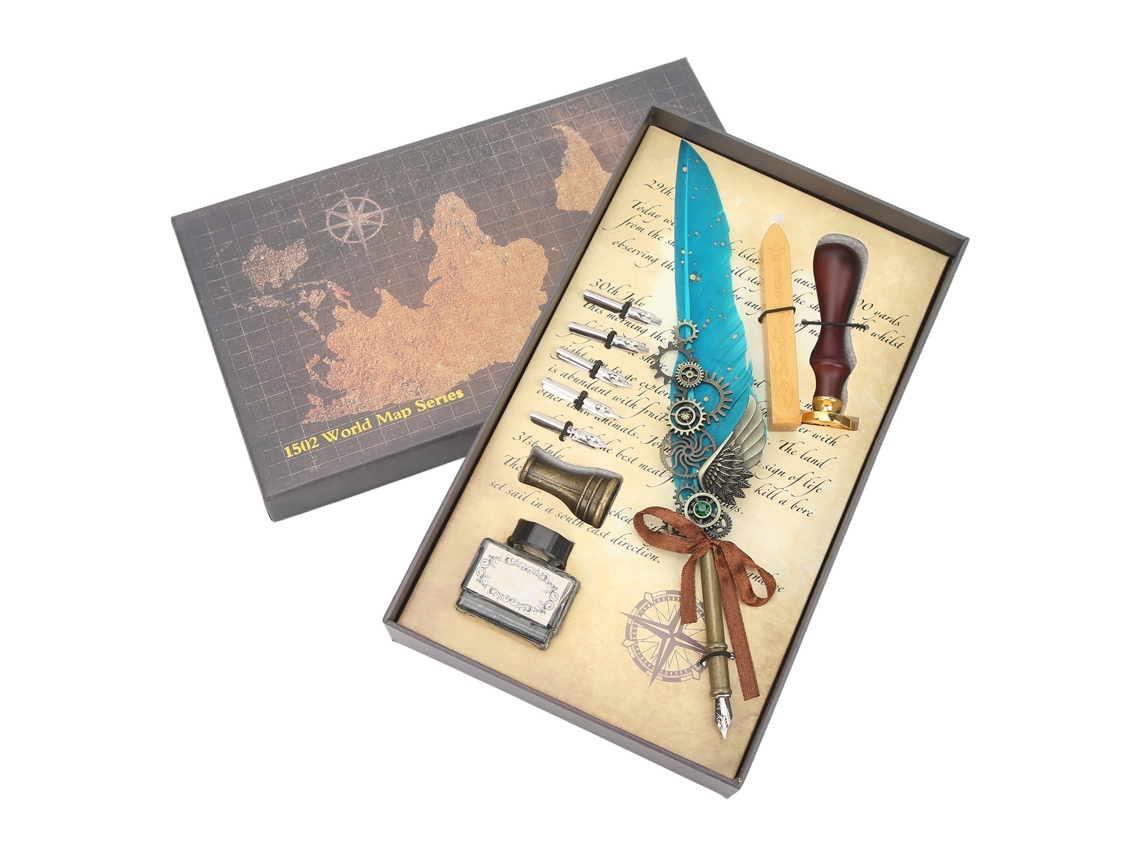 Conjunto de Caneta de Pena Retrô com Estampa de Mapa Vintage, 5 Pontas Extras, Suporte para AQUAFORGE