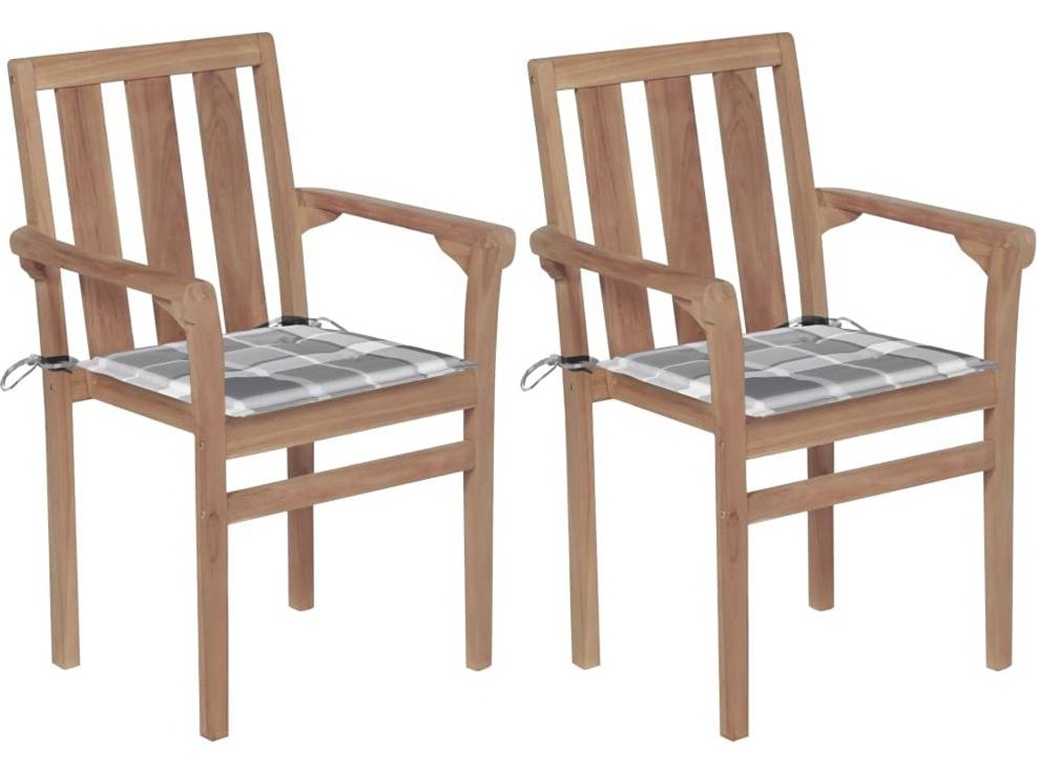vidaXL Cadeiras de jardim c/ almofadões xadrez cinzento 2 pcs teca